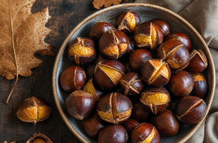 Geröstete Maronen mit aufgeschnittener Schale in einer Schüssel auf einem Holztisch, herbstliche Stimmung