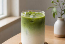 Wie schmeckt Matcha Latte? Iced Matcha Latte in einem Glas mit sichtbarer grüner Schichtung