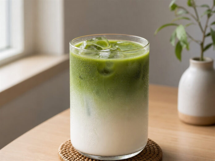 Matcha Latte mit sichtbarer grüner Schichtung Iced Matcha Latte in einem Glas mit sichtbarer grüner Schichtung