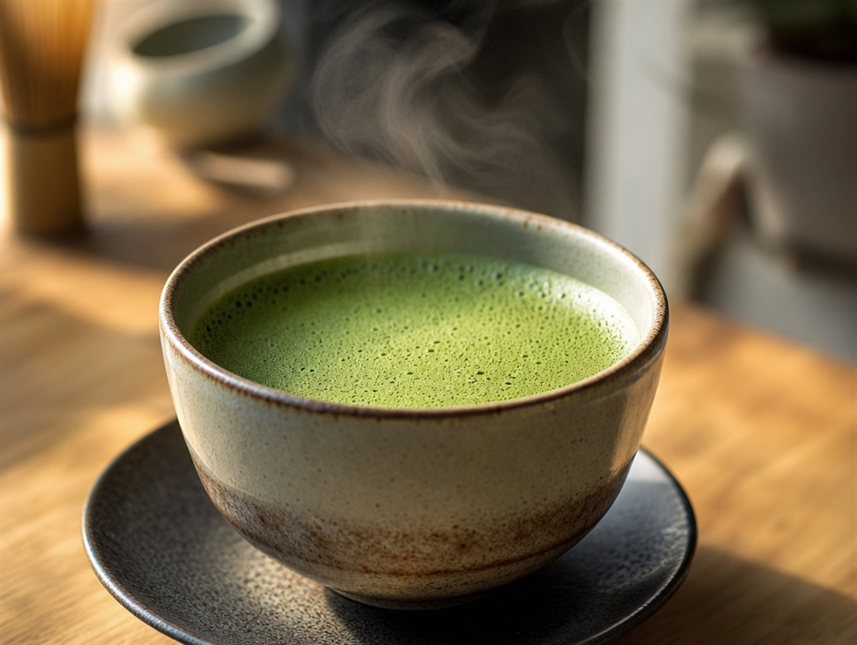Tasse frisch aufgeschlagener grüner Matcha-Tee mit Schaum