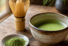 Wie schmeckt Matcha? Matcha-Grüntee-Pulver in einer Schale mit Bambusbesen