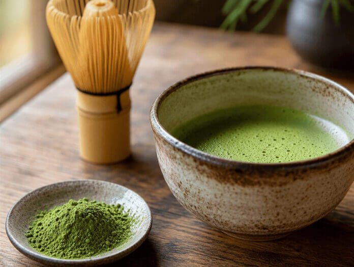 Matcha-Grüntee-Pulver in einer Schale mit Bambusbesen