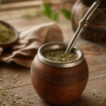 Mate Tee in einer verzierten Kalebasse mit silberner Bombilla auf einem Holztisch