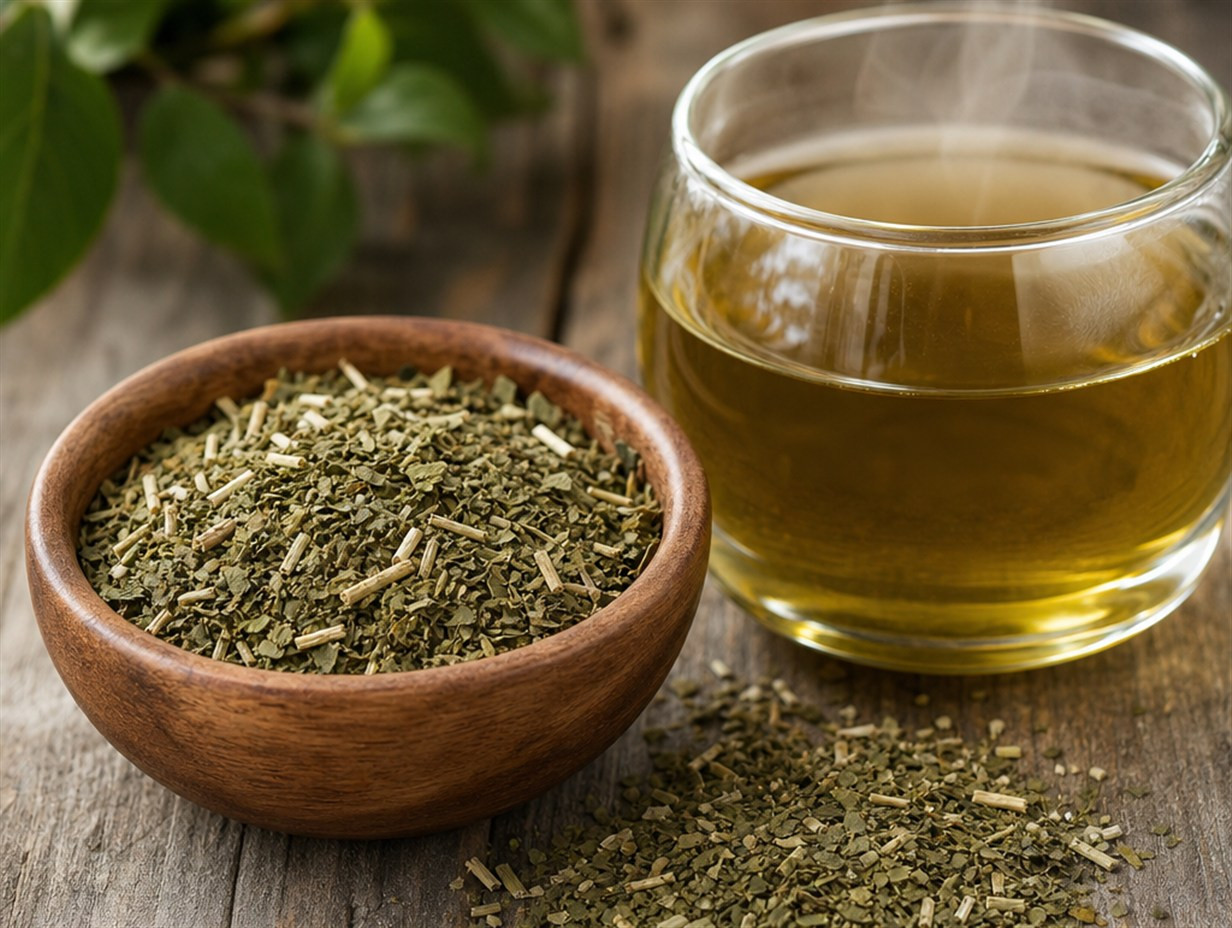 Getrocknete Yerba-Mate-Blätter in einer Holzschale neben einem Glas aufgebrühtem Mate Tee
