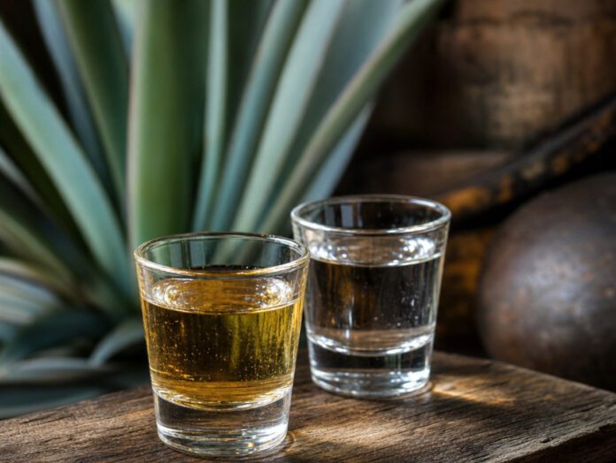Zwei Gläser mit Mezcal und Tequila neben einer Agave