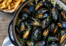 Wie schmecken Miesmuscheln? Miesmuscheln in Weißweinsauce mit Kräutern serviert in einem Topf neben knusprigen Pommes frites