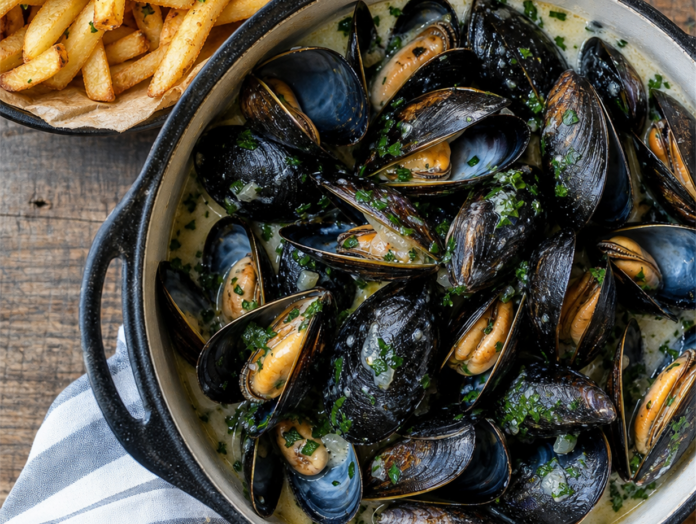 Miesmuscheln in Weißweinsauce mit Kräutern serviert in einem Topf neben knusprigen Pommes frites