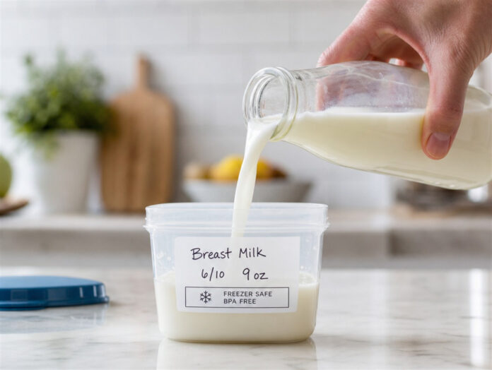 Milch wird in einen gefrierfesten Behälter gefüllt