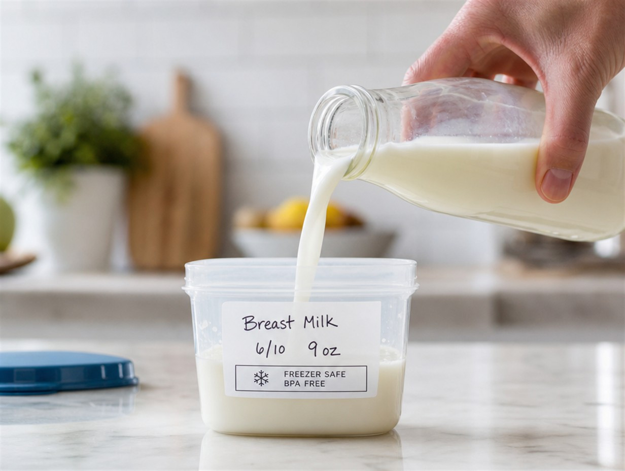 Milch wird in einen gefrierfesten Behälter gefüllt