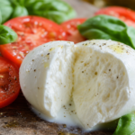 Aufgeschnittener Mozzarella mit Tomate und Basilikum