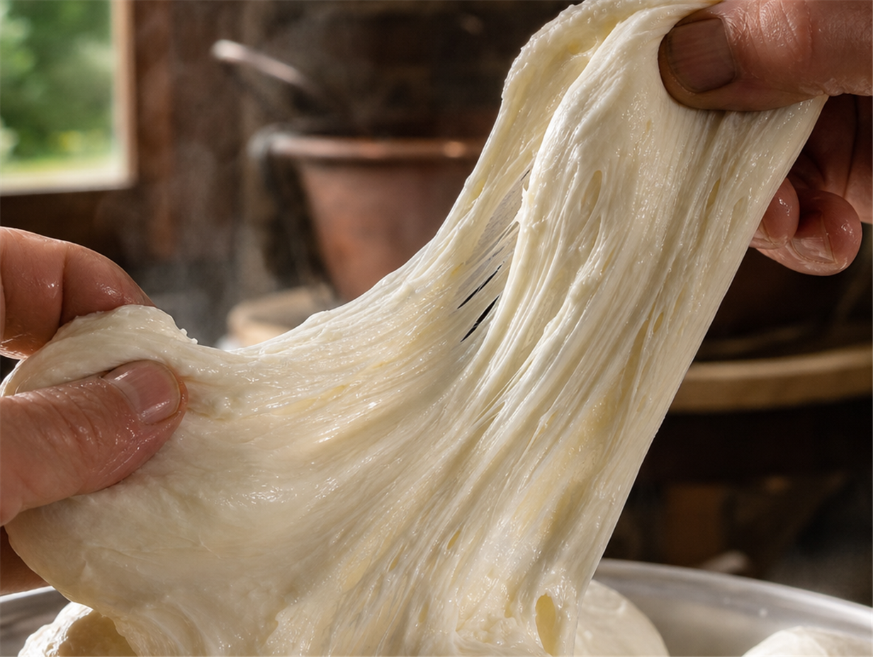 Warmer Mozzarella wird von Hand gezogen und bildet lange elastische Fäden