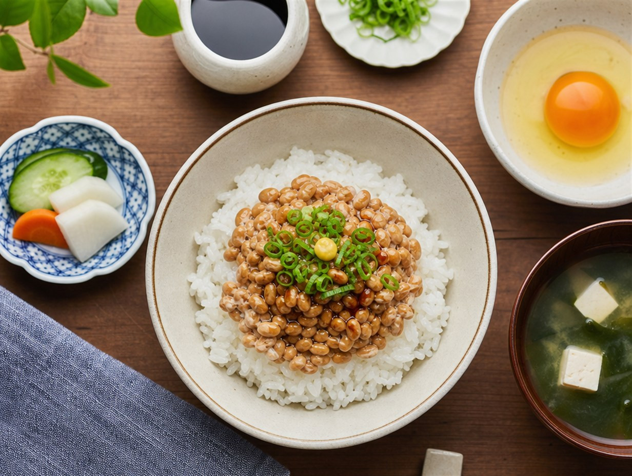 Natto auf Reis mit Frühlingszwiebeln und Senf, japanisches Frühstück