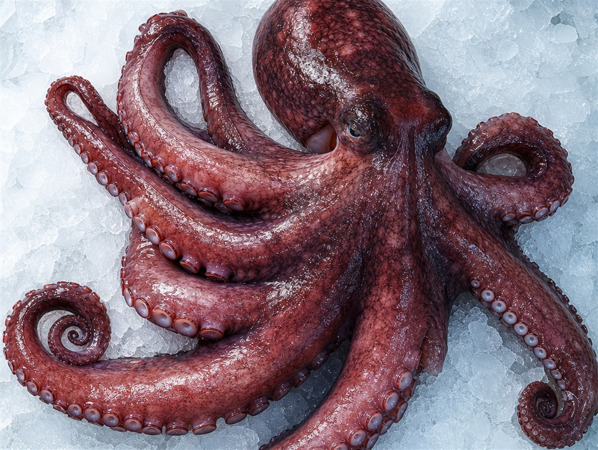 Roher ganzer Oktopus auf zerstoßenem Eis mit deutlich sichtbaren Armen und Saugnäpfen