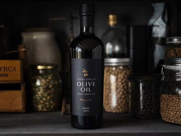 Dunkle Olivenölflasche wird kühl und dunkel gelagert
