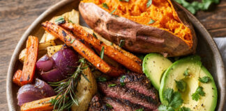 Was ist Paleo-Ernährung – und wie schmeckt sie? Gegrilltes Fleisch mit geröstetem Wurzelgemüse, Süßkartoffel und Avocado als typisches Paleo-Gericht