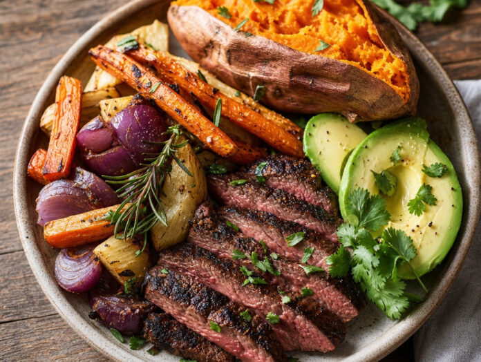 Herzhaftes Paleo-Gericht mit Fleisch und Gemüse Gegrilltes Fleisch mit geröstetem Wurzelgemüse, Süßkartoffel und Avocado als typisches Paleo-Gericht