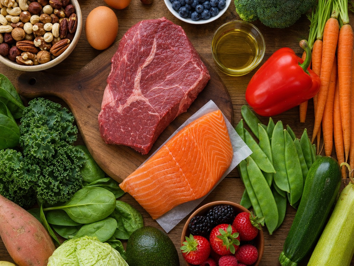Fleisch, Lachs, Eier, Nüsse und frisches Gemüse als typische Zutaten der Paleo-Ernährung auf einem Holztisch