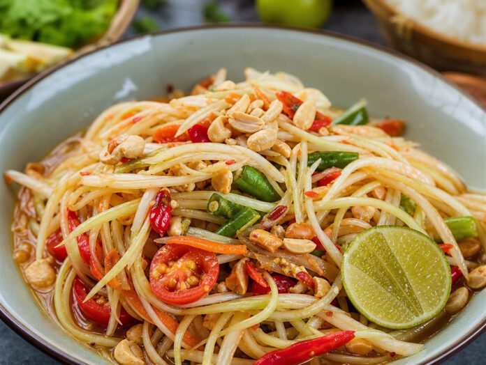 Thailändischer Papaya-Salat Som Tam in einer Schüssel