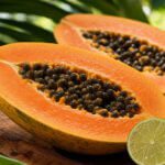 Aufgeschnittene reife Papaya mit Kernen