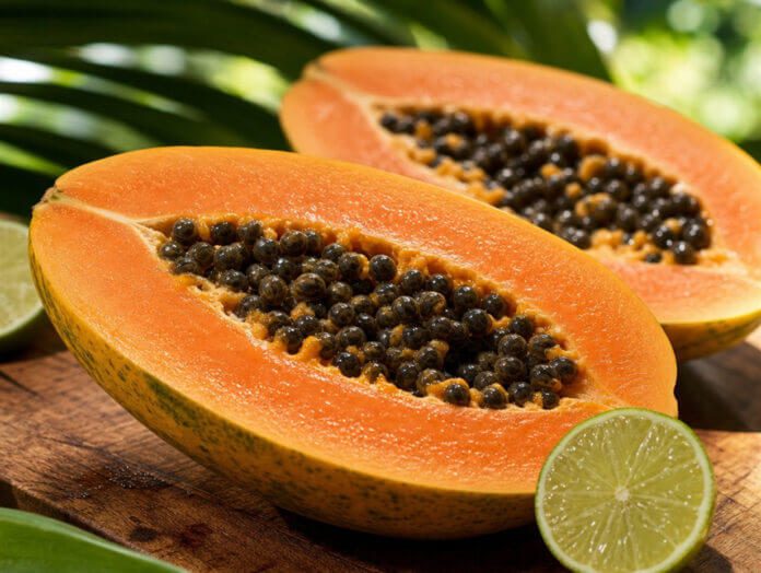 Aufgeschnittene reife Papaya mit Kernen