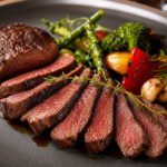 Gebratenes Pferdefleisch-Steak, angerichtet mit Kräutern