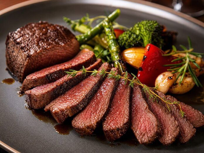 Gebratenes Pferdefleisch-Steak, angerichtet mit Kräutern