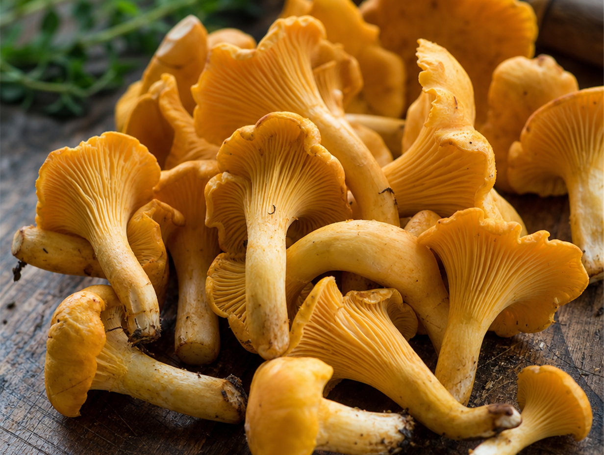 Frische Pfifferlinge mit trichterförmigem Hut und charakteristischen Leisten auf einem Holzbrett