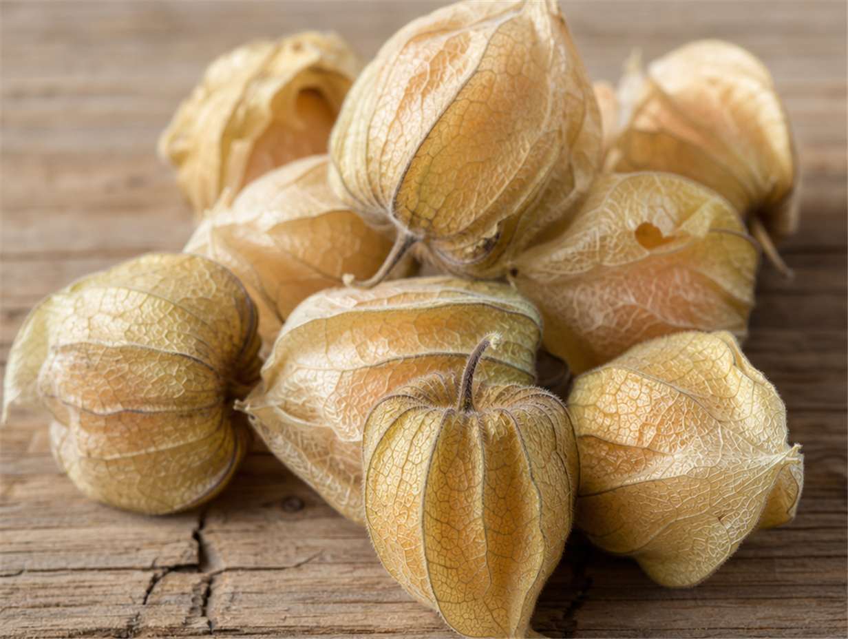 Mehrere Physalis Früchte noch vollständig in ihrer trockenen, laternenförmigen Hülle
