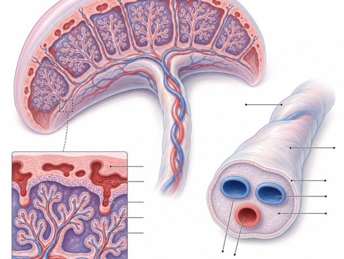 Anatomische Illustration von Plazenta und Nabelschnur im medizinischen Lehrbuchstil