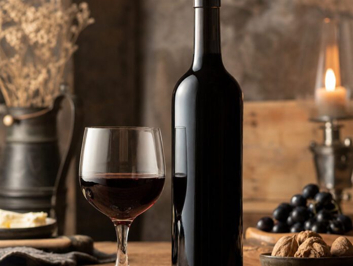 Ein Glas Portwein neben einer unbeschrifteten Flasche ohne Etikett
