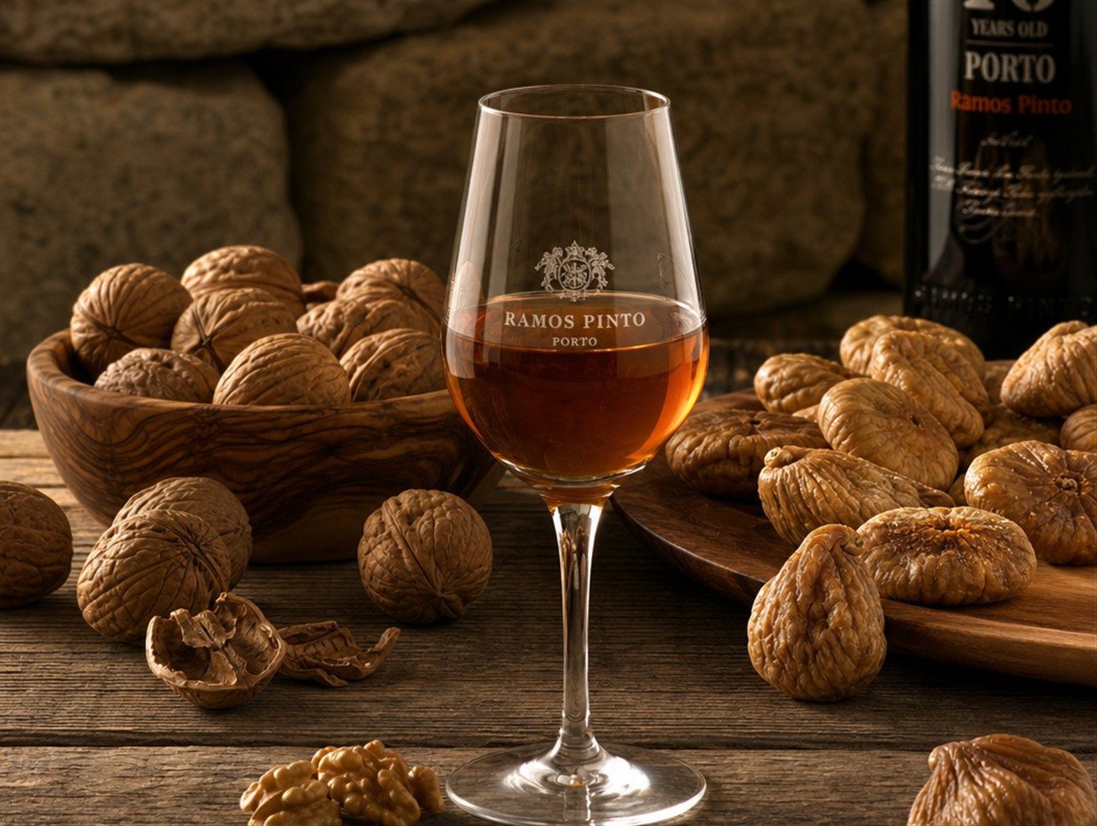 Bernsteinfarbener Tawny Portwein im Glas mit Walnüssen und getrockneten Feigen