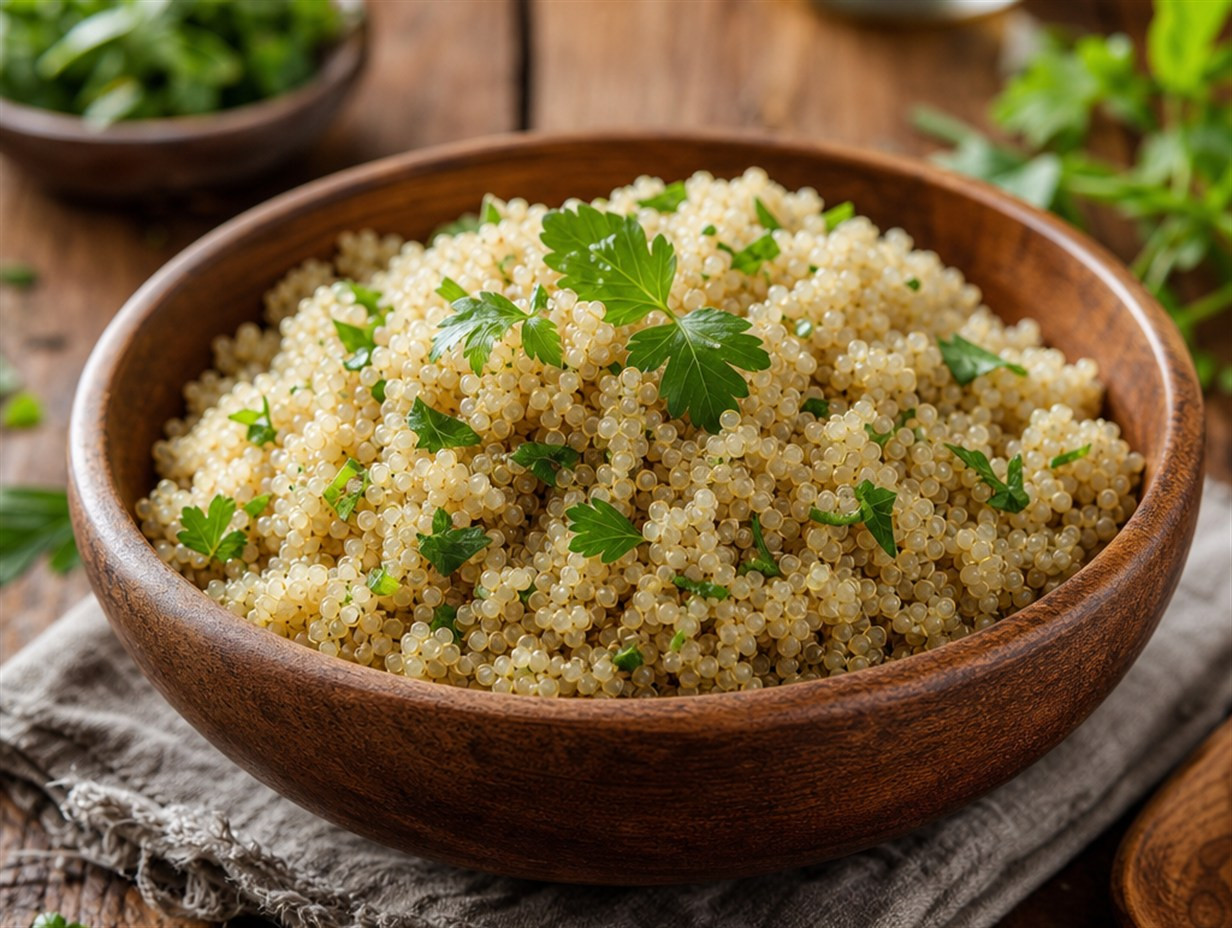 Gekochte Quinoa-Körner in einer Holzschale