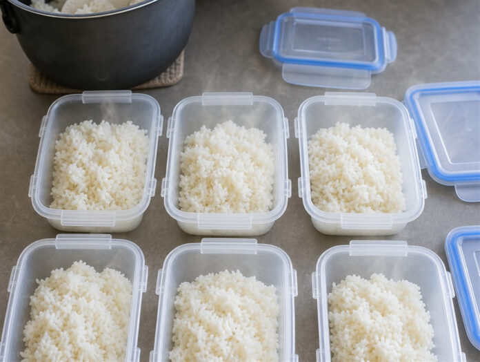 Gekochter Reis wird in Portionen für das Gefrierfach verpackt