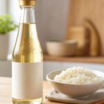 Flasche Reisessig neben einer Schale mit Sushi-Reis und Stäbchen