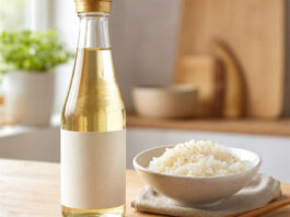 Flasche Reisessig neben einer Schale mit Sushi-Reis und Stäbchen