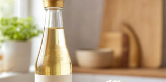 Wie schmeckt Reisessig? Flasche Reisessig neben einer Schale mit Sushi-Reis und Stäbchen