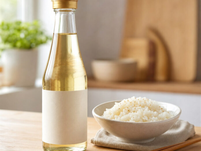 Flasche Reisessig neben einer Schale mit Sushi-Reis und Stäbchen