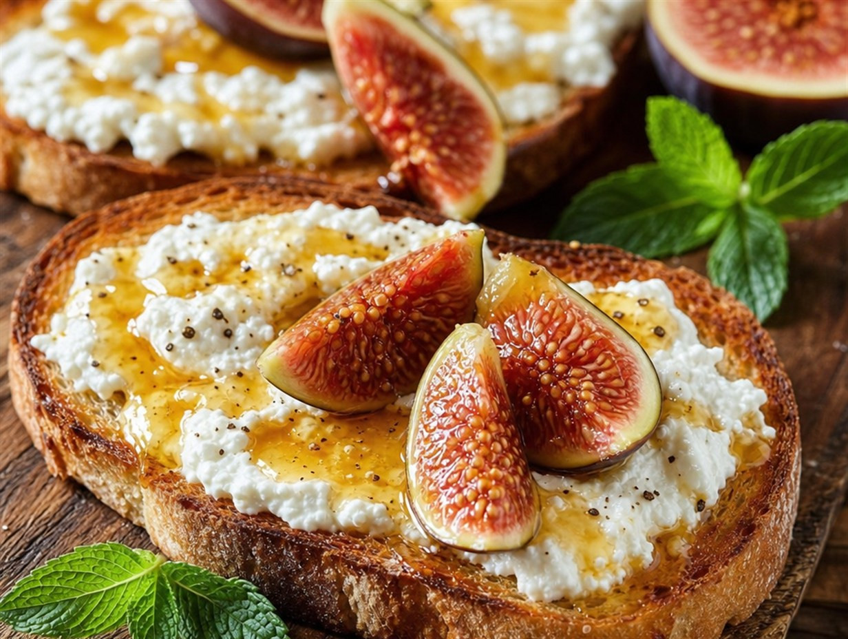 Geröstetes Brot mit Ricotta bestrichen, beträufelt mit Honig und garniert mit frischen Feigen