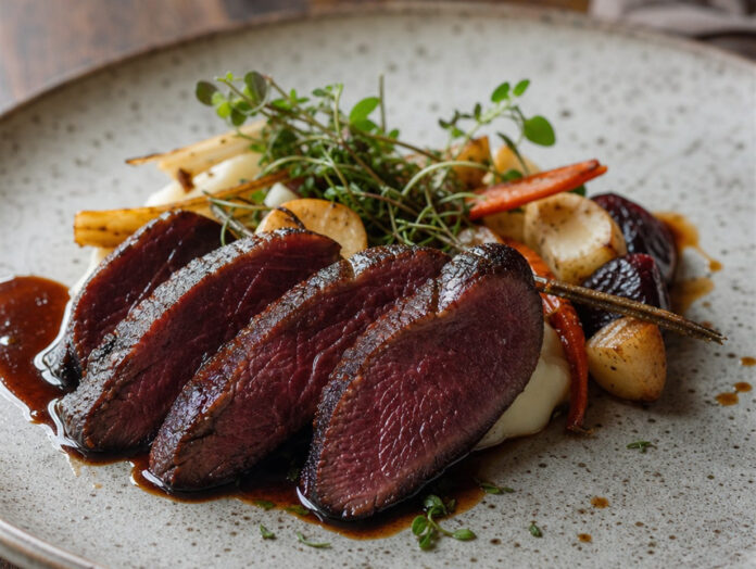 Robbenfleisch Steak Nordisch angerichtet Angerichtetes Robbenfleisch-Steak auf einem Teller
