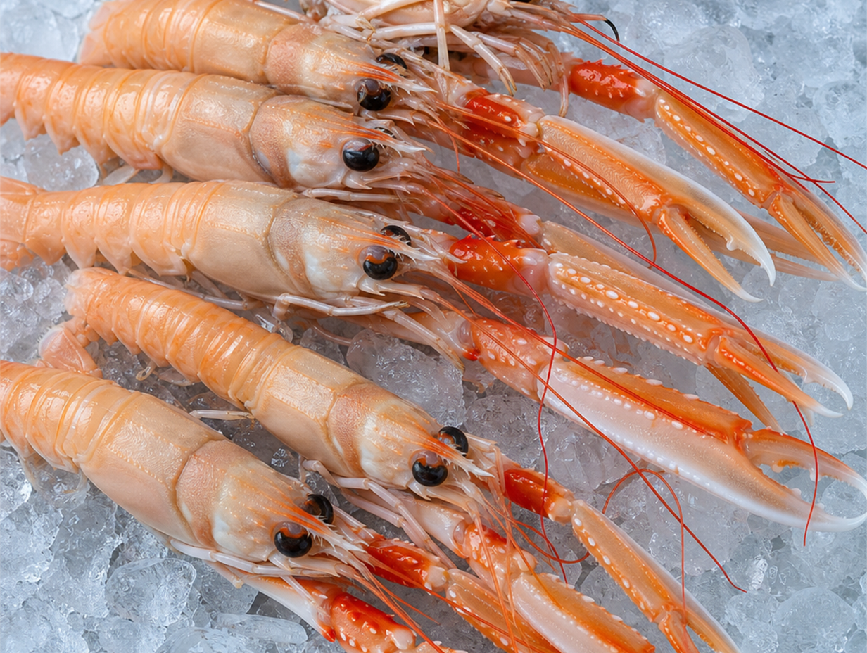 Mehrere rohe Kaisergranat, auch Scampi oder Langoustine genannt, auf Eis