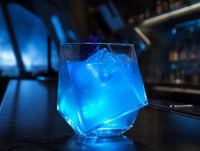 Romulanisches Ale – das blaue Getränk aus Star Trek Leuchtend blaues Getränk in futuristischem Glas auf einer Bar, Symbolbild für Romulanisches Ale aus Star Trek