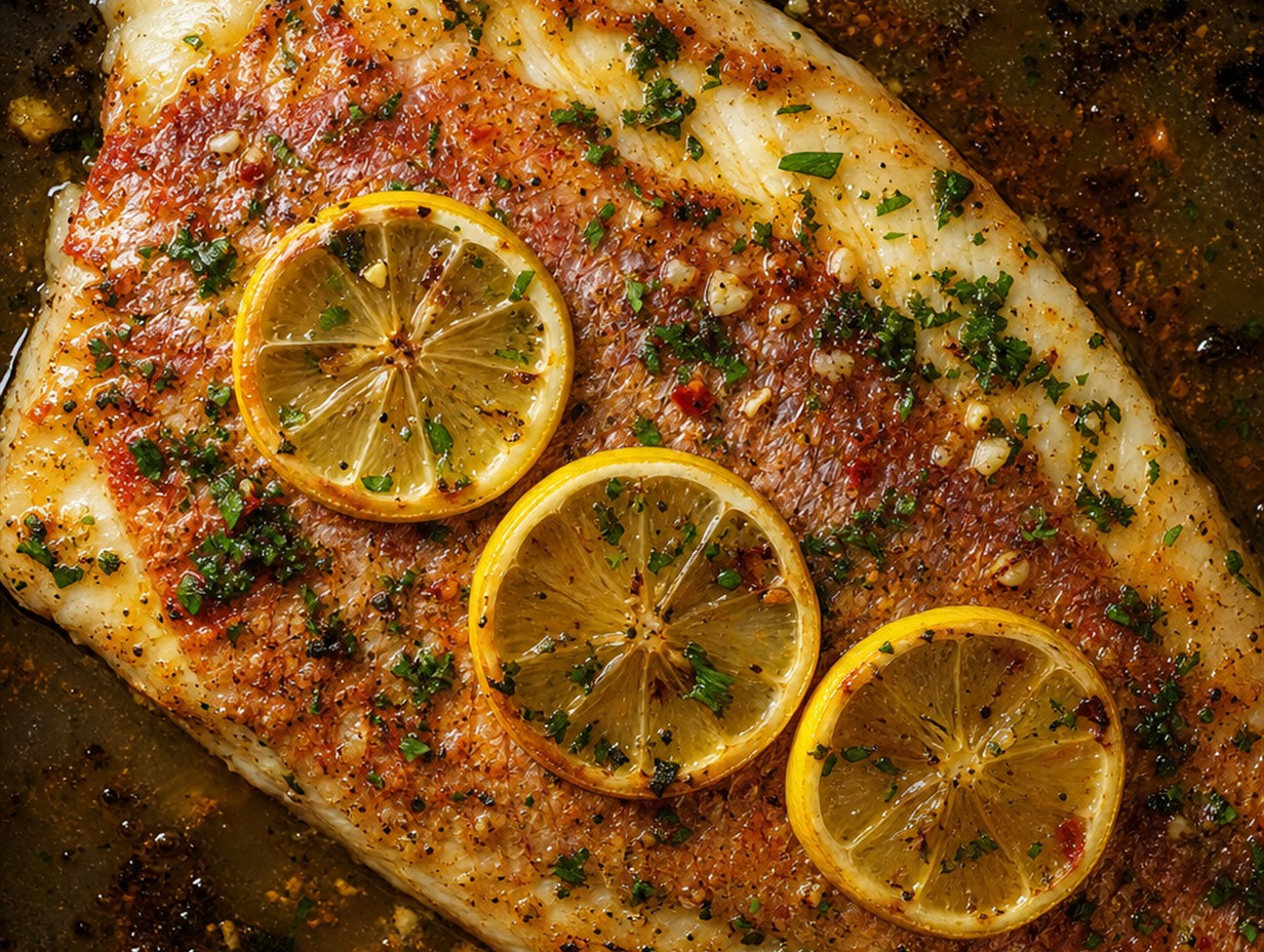 Im Ofen gebackenes Rotbarschfilet mit Kräutern und Zitronenscheiben