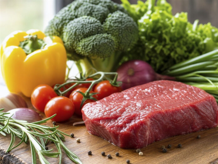 Rotes Fleisch neben frischem Gemüse