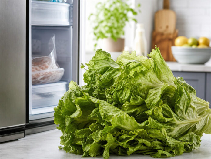Frischer Blattsalat neben einem Gefrierfach