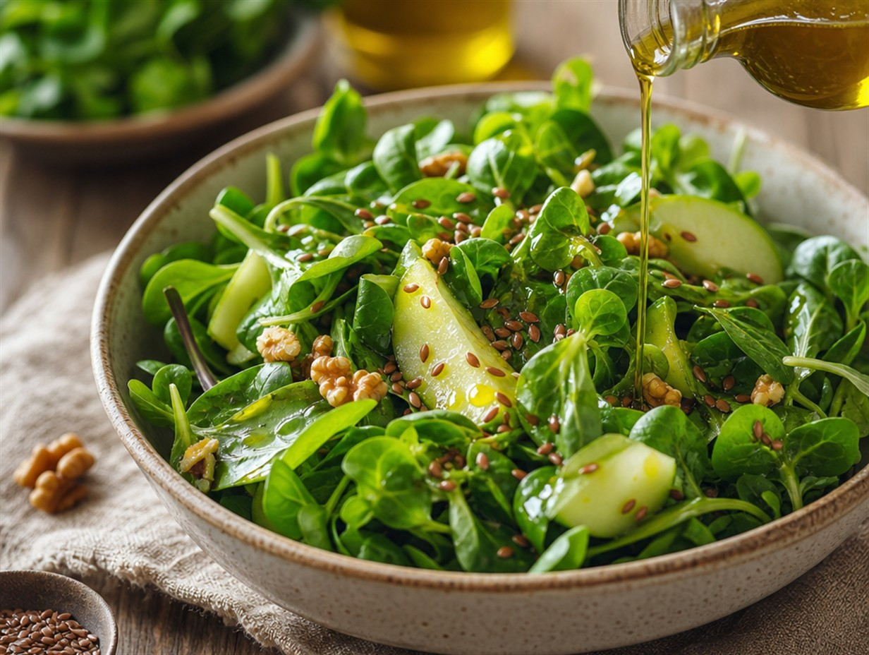 Frischer grüner Salat beträufelt mit Leinöl