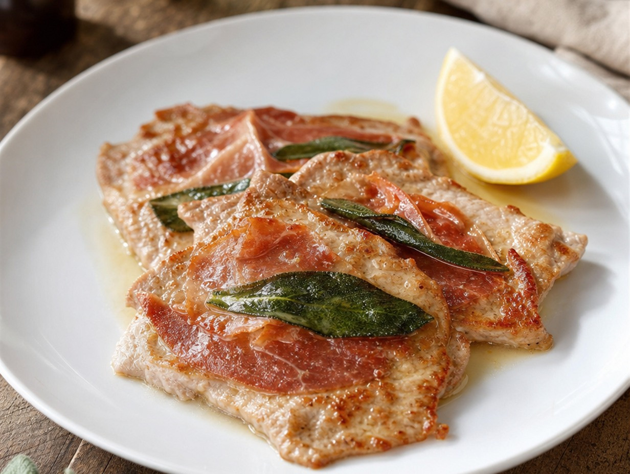 Saltimbocca alla Romana mit Kalbsschnitzel, Parmaschinken und gebratenen Salbeiblättern