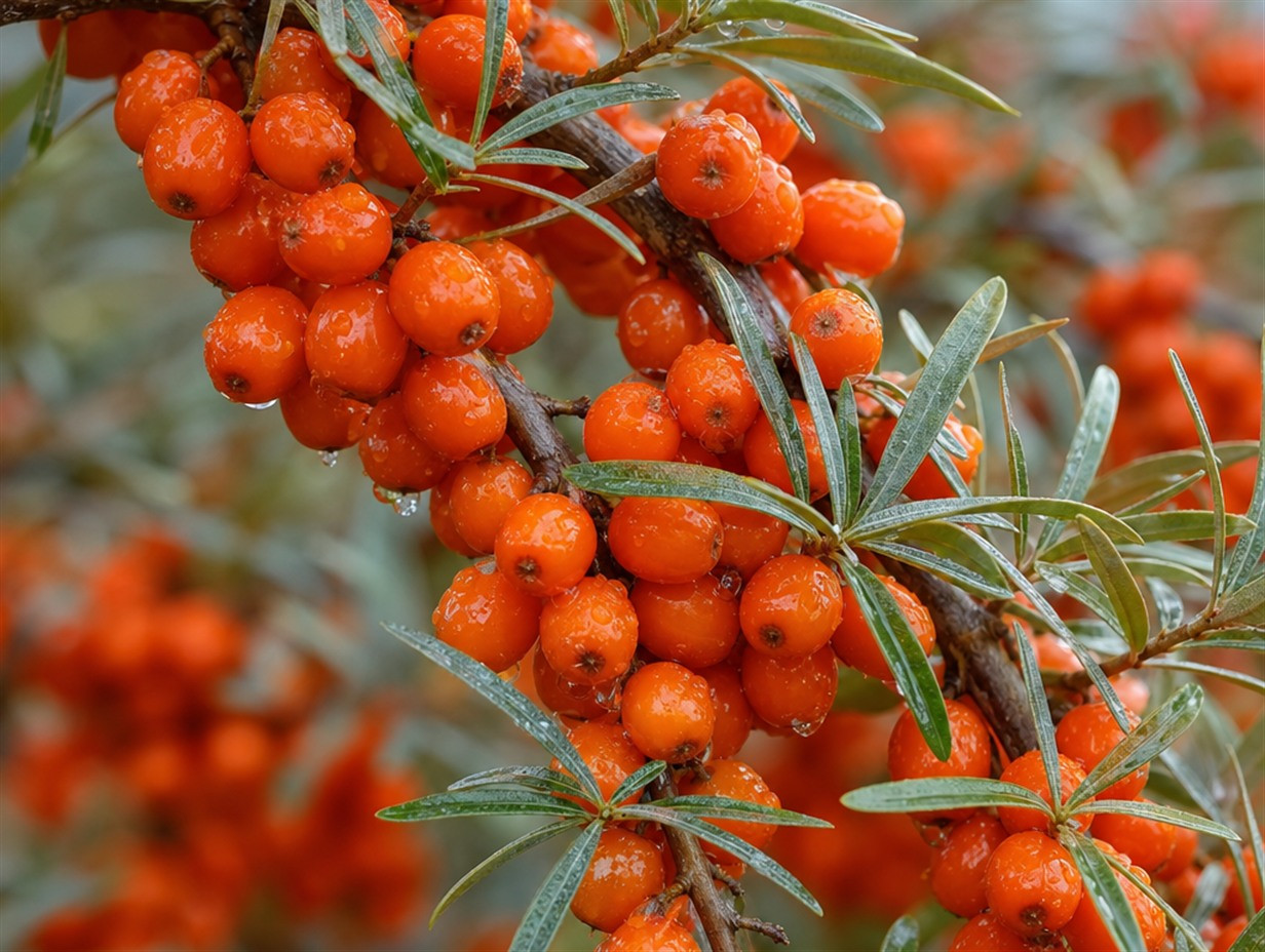 Dicht wachsende orangerote Sanddornbeeren an einem dornigen Zweig mit schmalen, silbrig-grünen Blättern