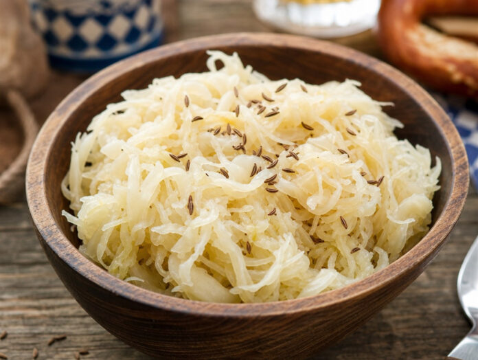 Sauerkraut in einer Holzschale Fermentiertes Sauerkraut mit sichtbaren Kohlstreifen in einer Schale
