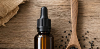 Wie schmeckt Schwarzkümmelöl? Dunkle Flasche Schwarzkümmelöl neben schwarzen Schwarzkümmelsamen auf Holztisch