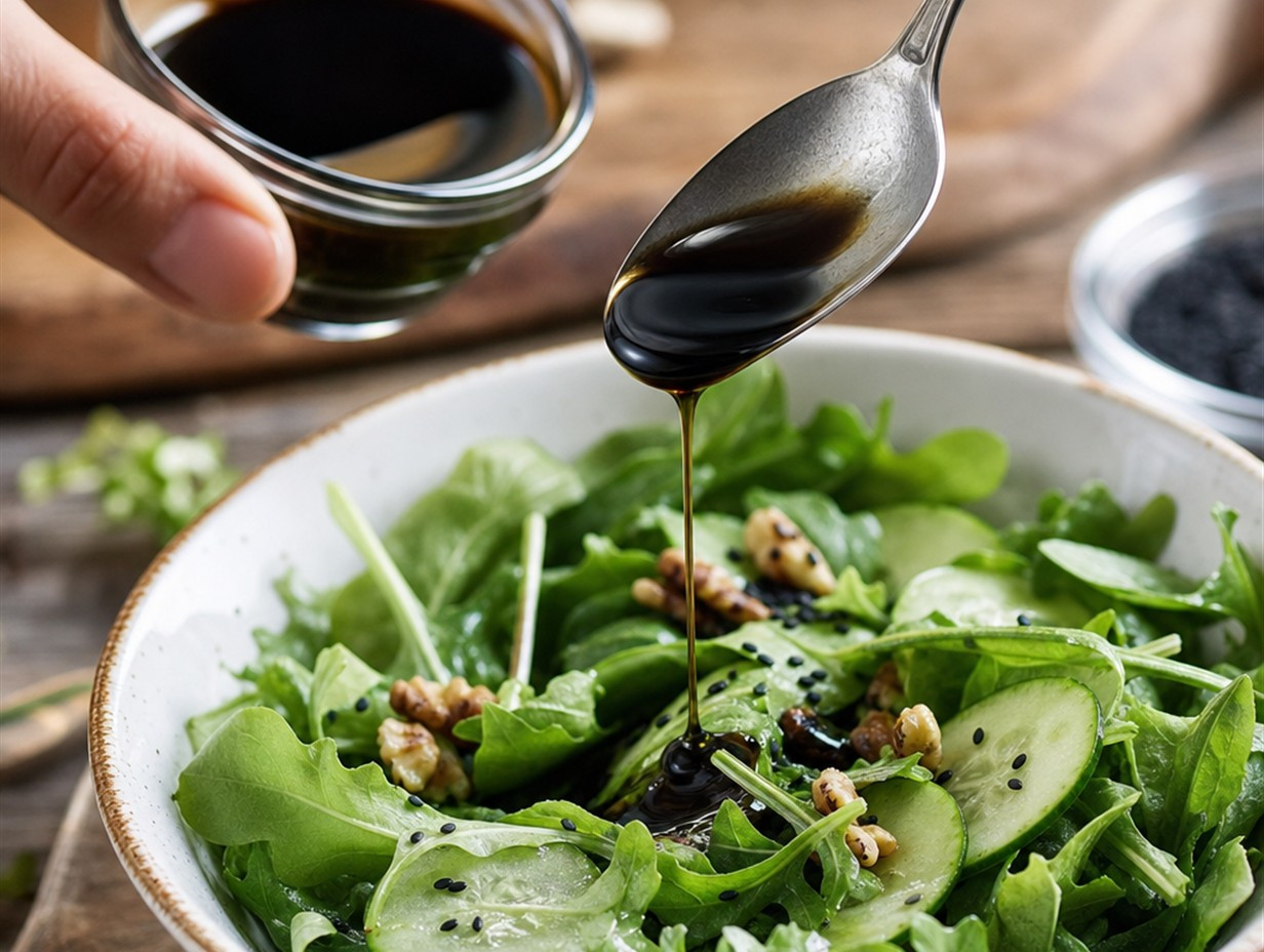 Schwarzkümmelöl wird löffelweise über einen frischen Salat geträufelt
